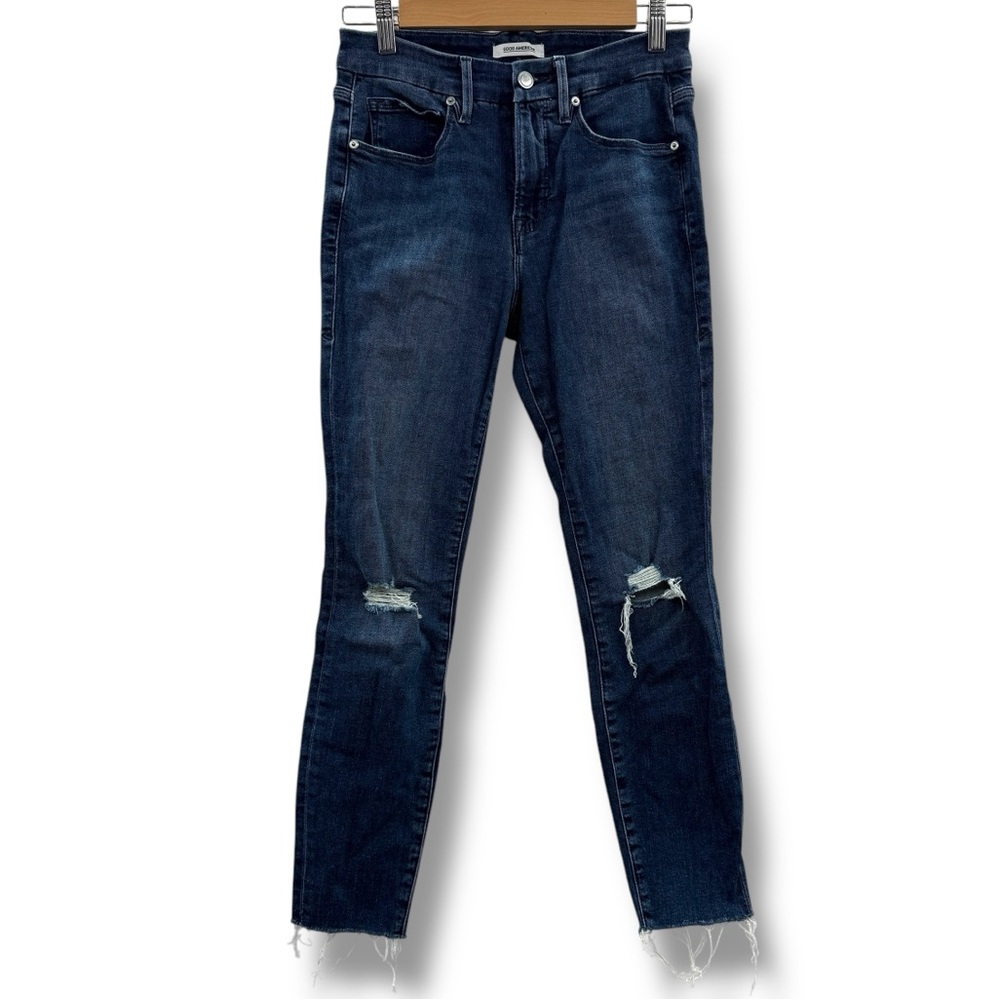 Good American‎ Good Legs Crop Jeans Mid Rise Skinny Leg Distressed Raw Hem Sz 2